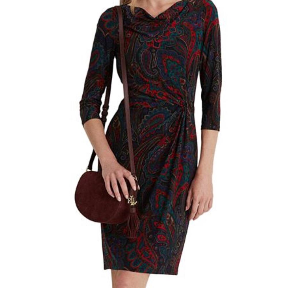 Ralph Lauren Black Label Paisley Sheath Dress in Black, Red & Teal